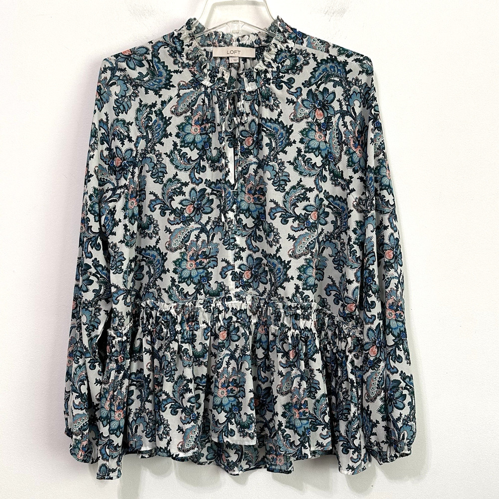 LOFT Ruffle Floral Paisley Top L Split Tie Neck Peplum Long Sleeve Party Boho‎